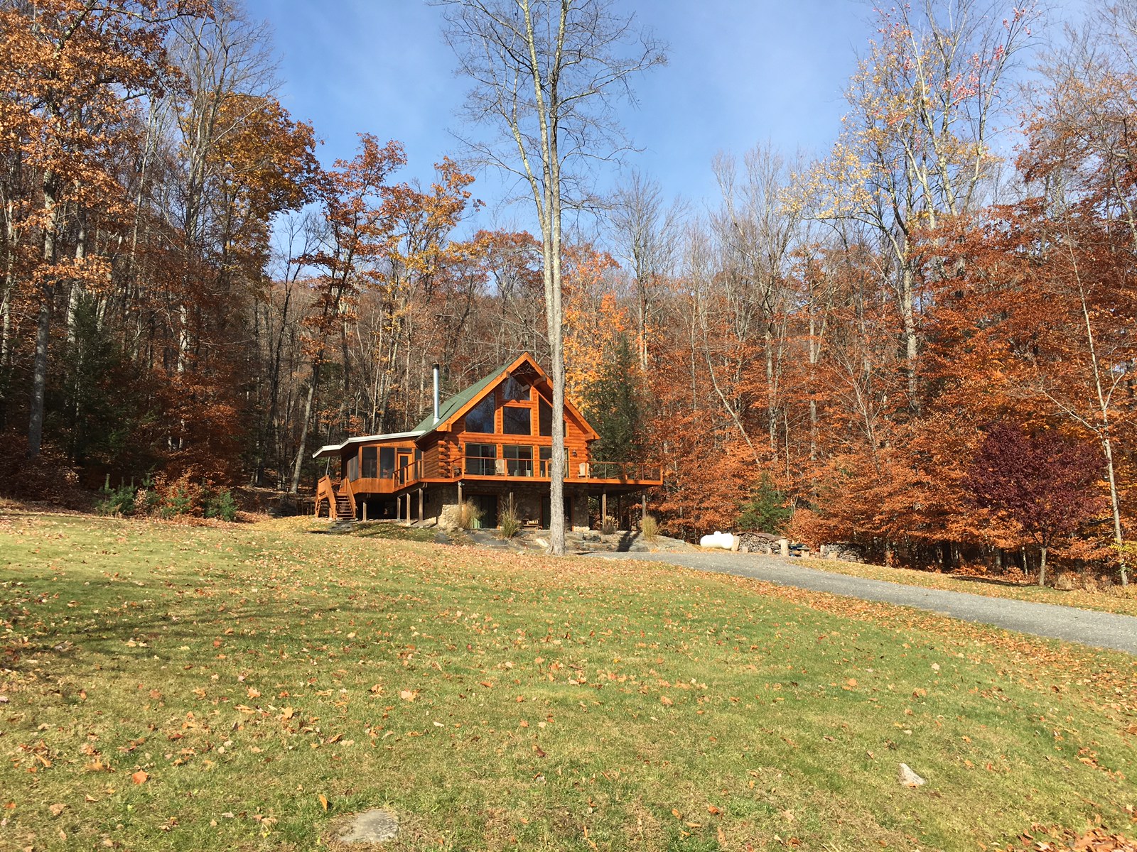 Log cabin surrounded by fall foliage