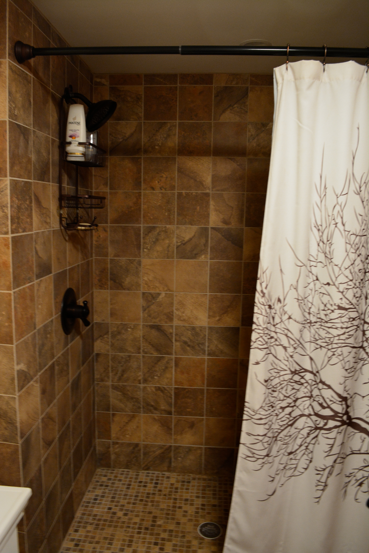 Walk-in shower with warm stone tile