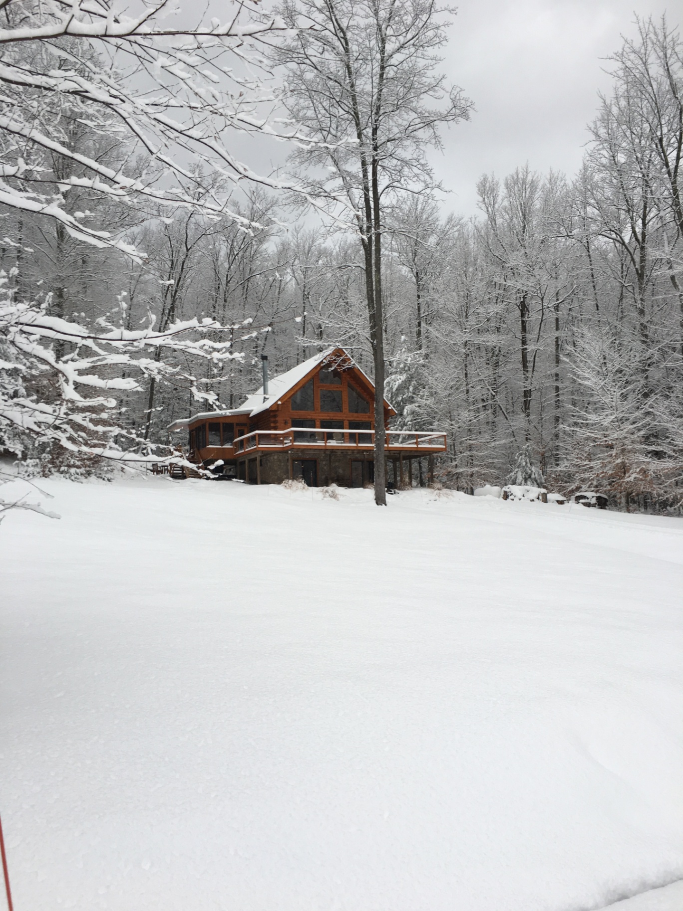 Snow-covered cabin in winter